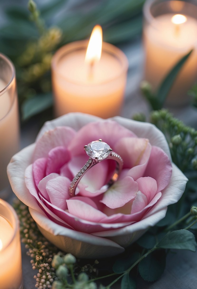 A sparkling diamond ring nestled in a bed of delicate rose petals, surrounded by soft candlelight and ethereal greenery