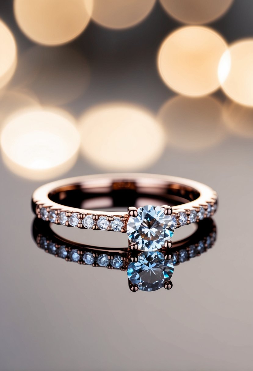 A sparkling rose gold band encrusted with a brilliant white sapphire, catching the light in a romantic and elegant engagement ring design
