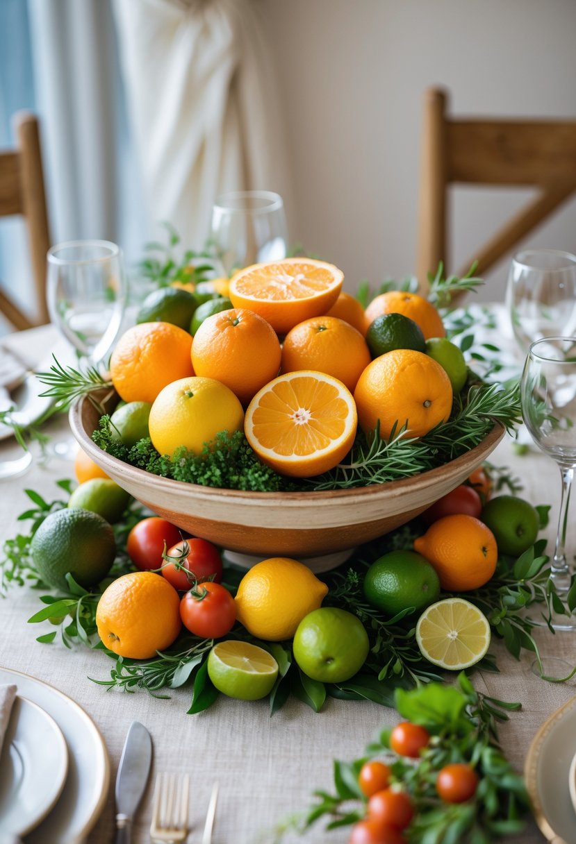A bowl filled with oranges and lemons arranged on a table with other fruits and vegetables.