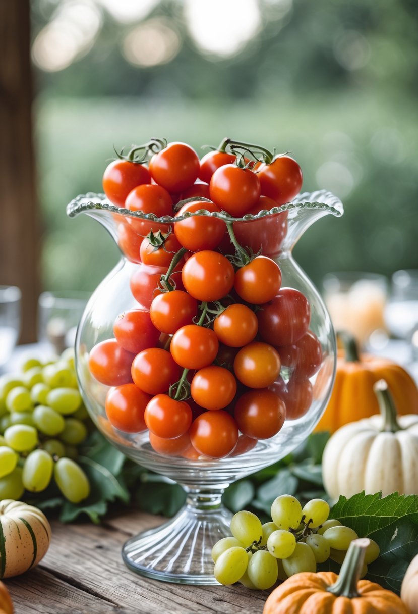 A vintage glass vase filled with cherry tomatoes on a wooden table surrounded by various fruits and vegetables.