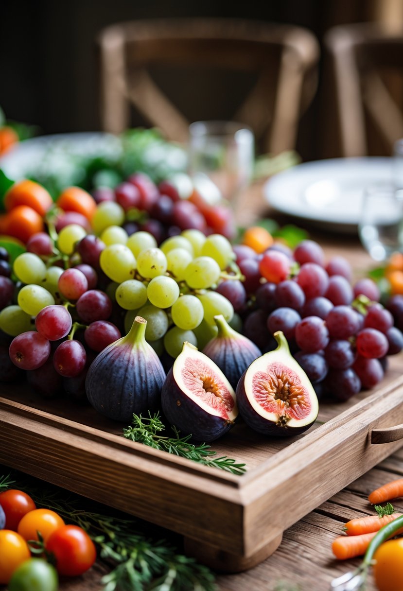 A wooden tray filled with mixed grapes and sliced figs on a rustic table surrounded by fresh vegetables.