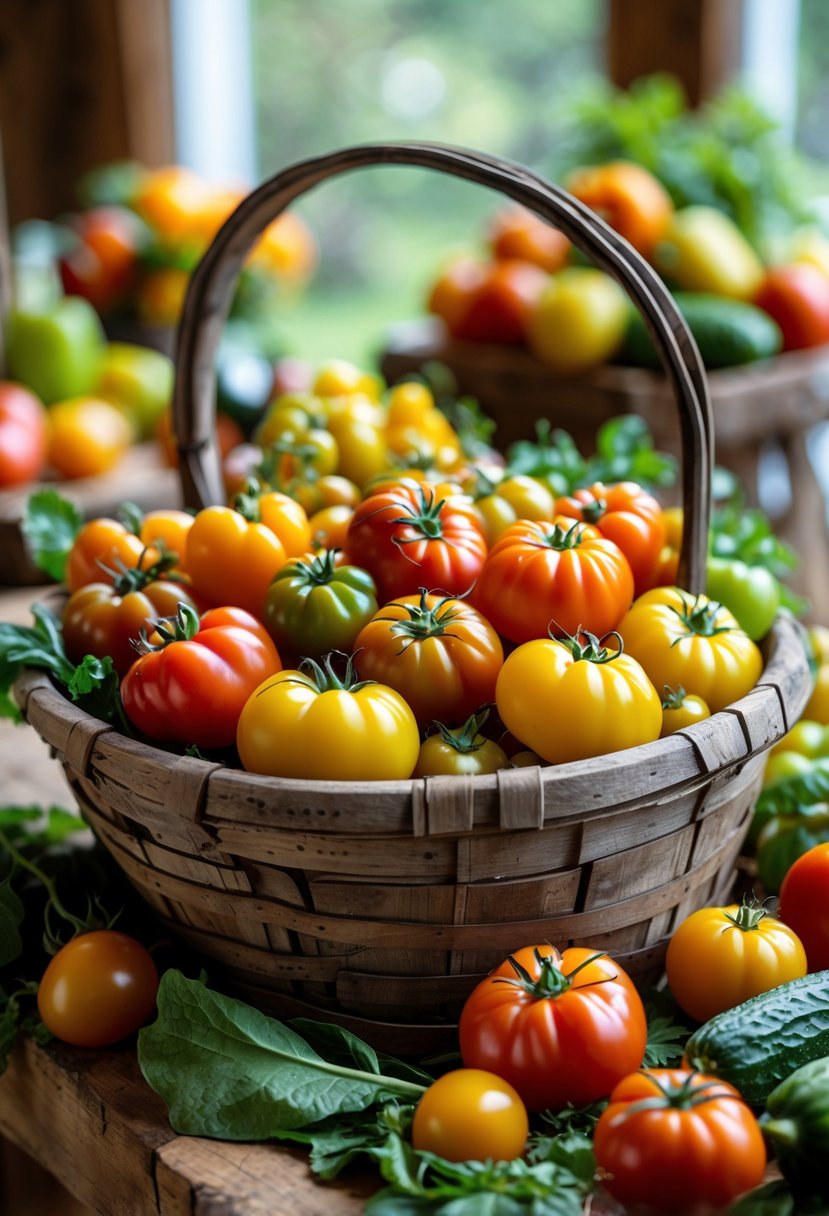 A basket of colorful heirloom tomatoes on a wooden table surrounded by fresh fruits and vegetables.