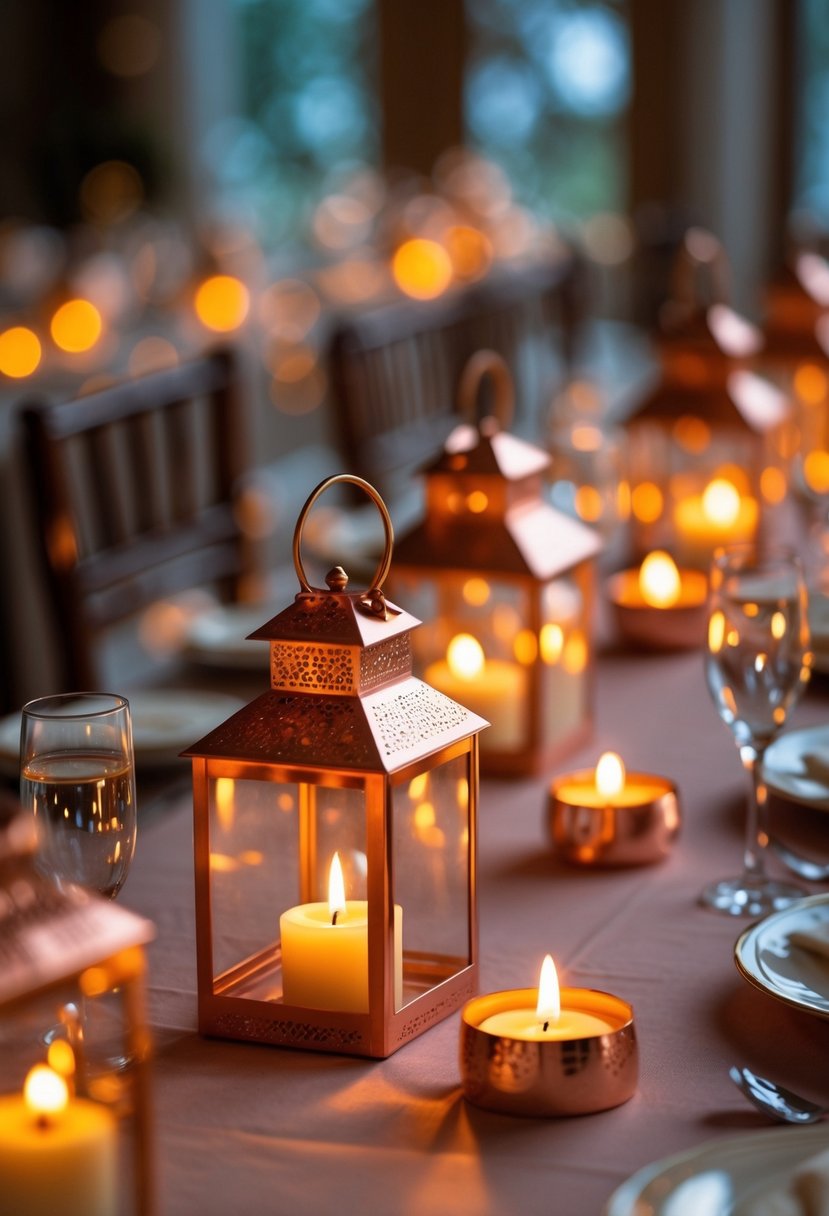 Copper tealight lanterns glowing warmly on a wedding table without flowers.
