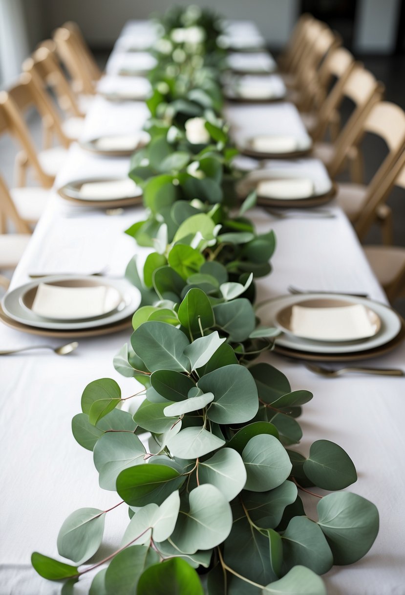 A wedding table decorated with lush eucalyptus leaf garlands as the only centerpiece greenery.