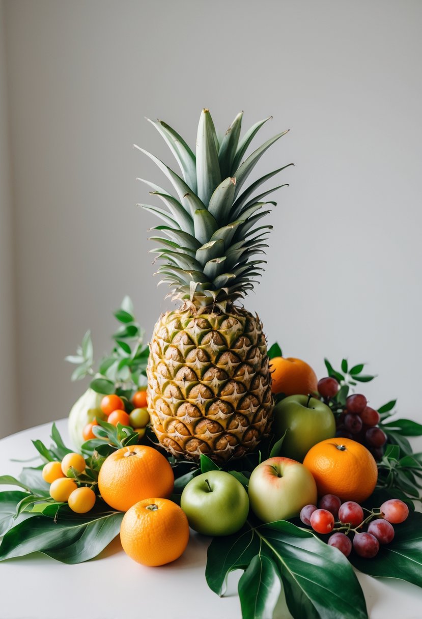 A single pineapple displayed upright on a wedding table surrounded by various fresh fruits and vegetables.