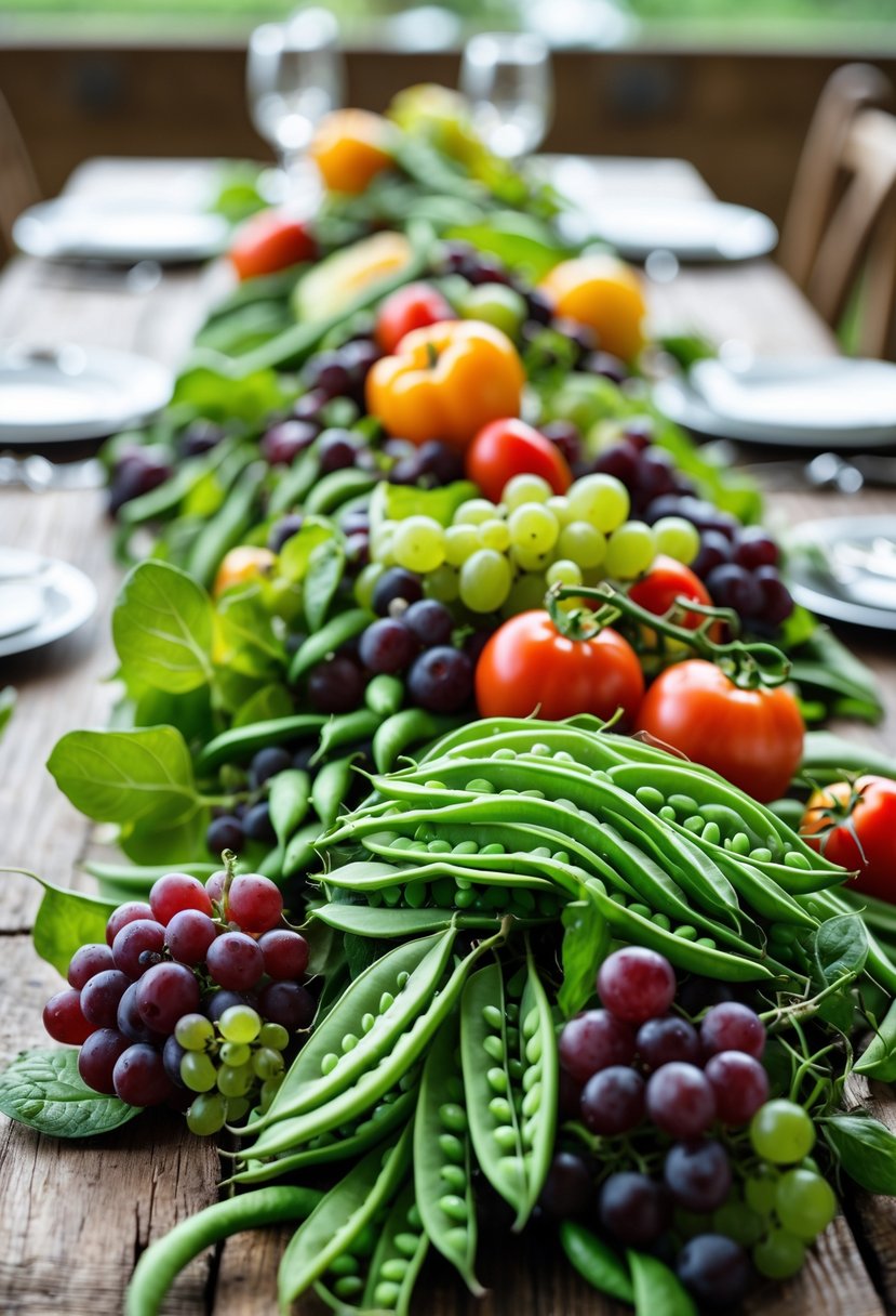 An edible garden arrangement with green beans, snap peas, and assorted fruits and vegetables arranged as a wedding table centerpiece.