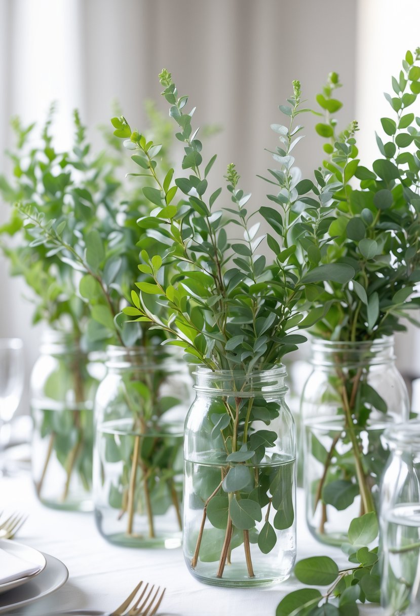 Glass jars filled with green Ruscus sprigs arranged on a wedding table as decoration.
