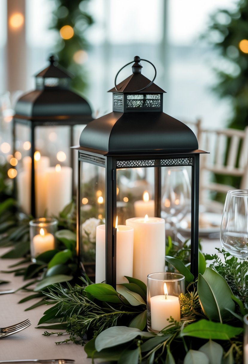 A wedding table decorated with large lanterns and green leaves, with candles inside the lanterns providing warm light.