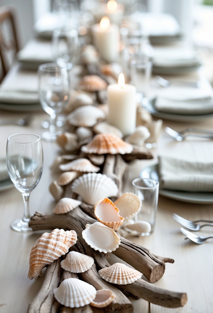 A wedding table decorated with seashells, driftwood, candles, and linen napkins, without any flowers.
