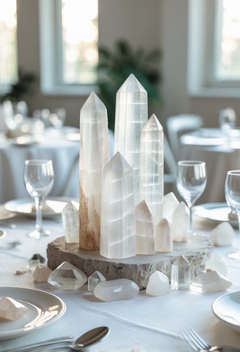 A wedding table with a centerpiece made of selenite rods and various clear crystals and gemstones, set on a white tablecloth with plates and glassware.