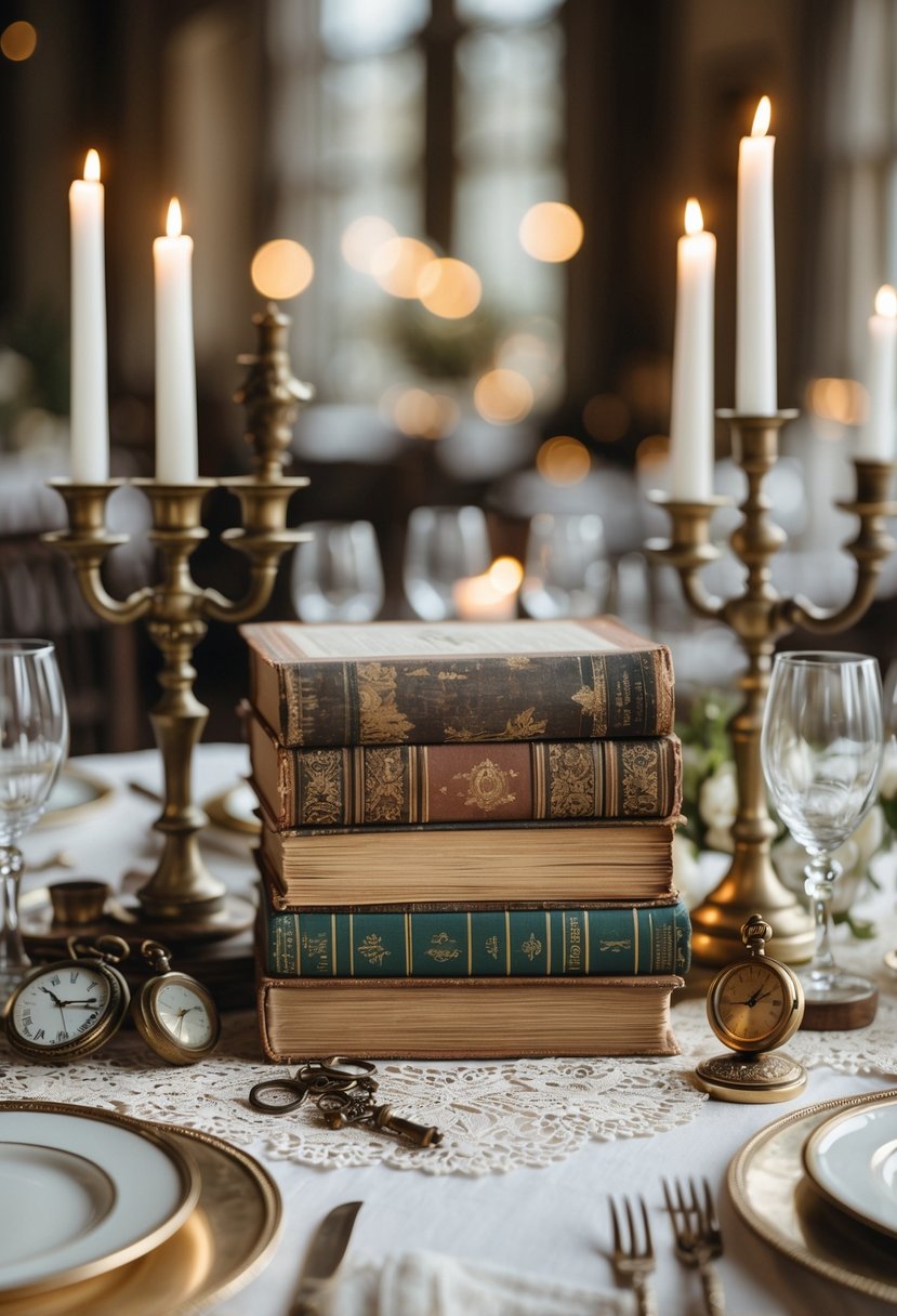 A wedding table decorated with stacked vintage books, brass candlesticks with lit candles, lace doilies, and antique trinkets on a white tablecloth.