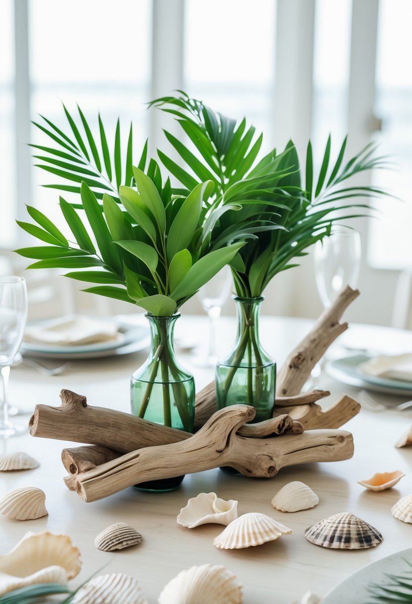 Small vases with fresh tropical greenery nestled in driftwood surrounded by seashells on a table.