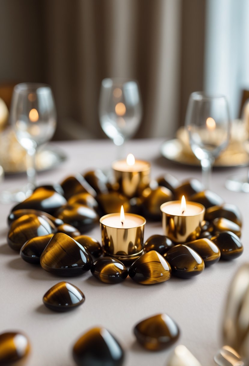 A wedding table decorated with polished tiger’s eye stones arranged around small gold votive candles.