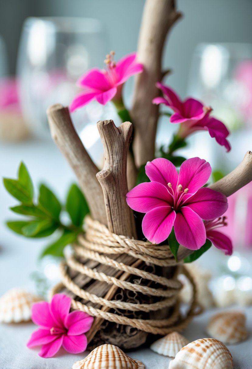 Close-up of miniature driftwood wrapped with rope, bright pink fuchsia flowers, and seashells arranged on a table.