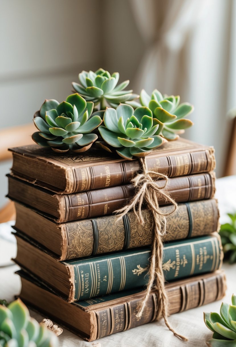 Stack of old encyclopedias tied with twine topped with small green succulents on a rustic table.