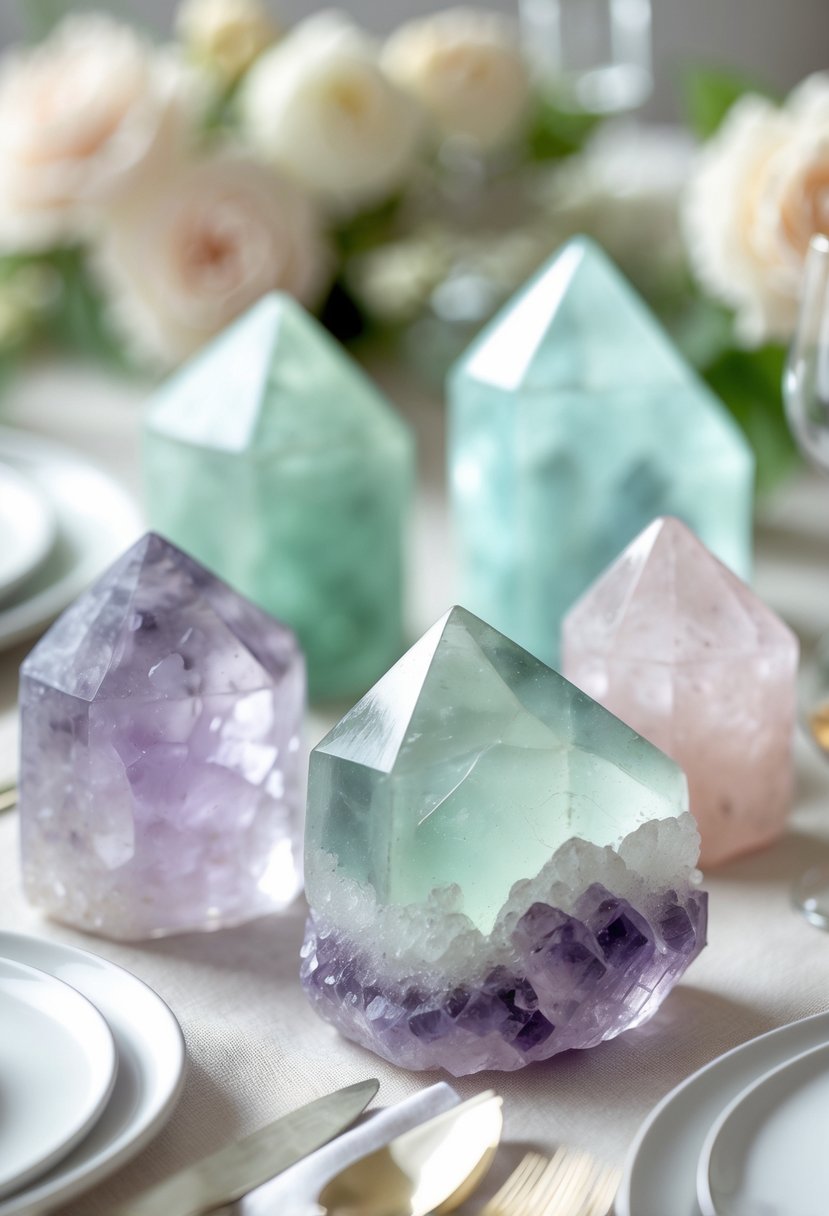 Close-up of pastel-colored fluorite crystal chunks arranged on a wedding table without flowers.