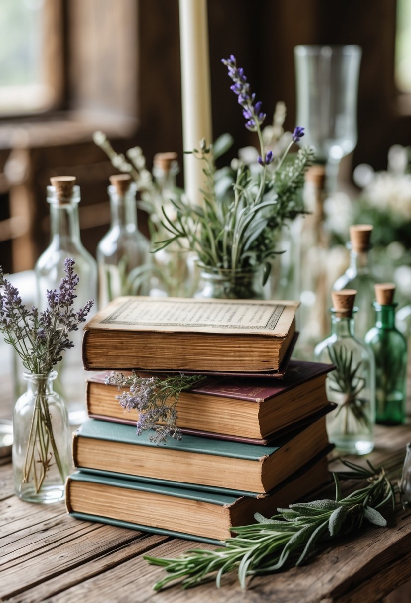 A wedding table decorated with stacked hardcover books, small glass bottles, and dried herbs arranged on a wooden surface.