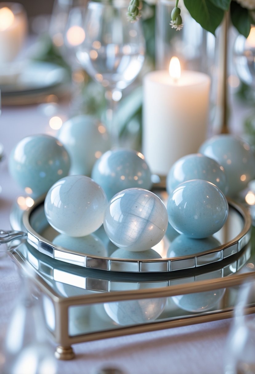 Moonstone spheres displayed on mirrored trays as part of a wedding table decoration without any flowers.
