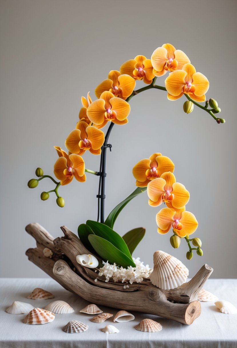 A natural driftwood base decorated with bright orange orchids and small seashells arranged on a neutral background.