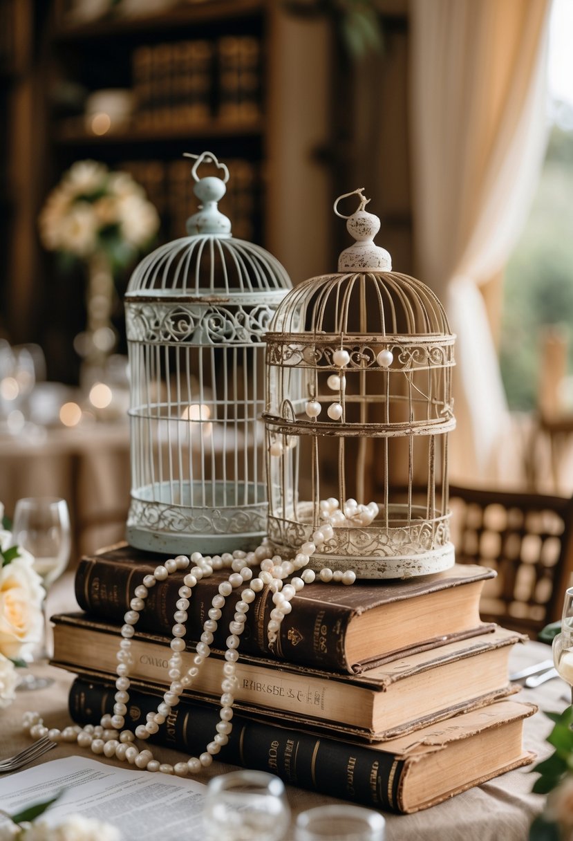 Rustic birdcages on stacked books with pearls draped around them on a wedding table.