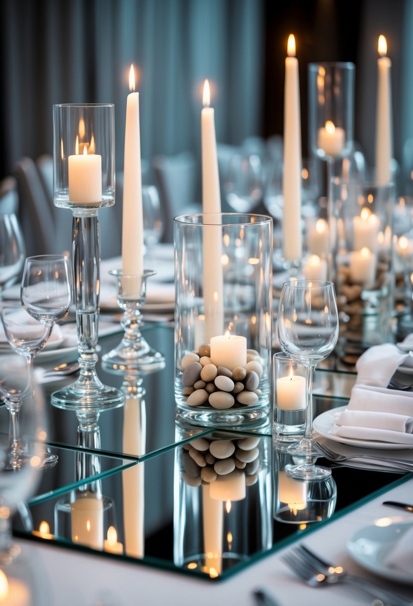 Wedding table decorated with mirrors, glass candle holders, and floating candles, with no flowers.
