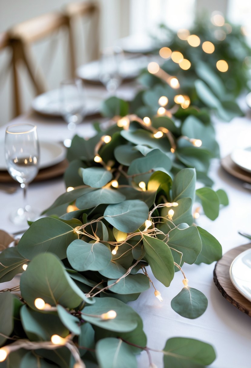 Wedding table decorated with eucalyptus garlands and warm white fairy lights intertwined along the center.