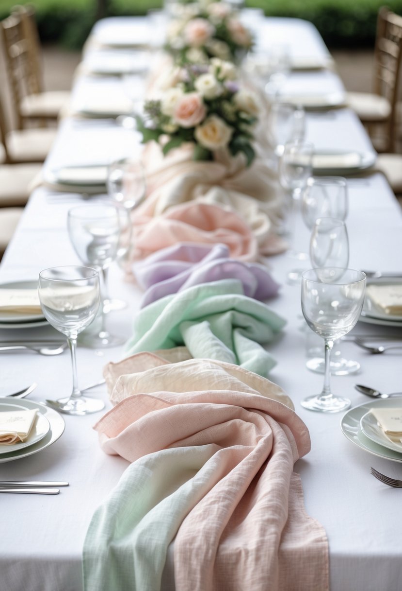 A wedding table decorated with layered pastel-colored linen fabric runners and elegant table settings without any flowers.