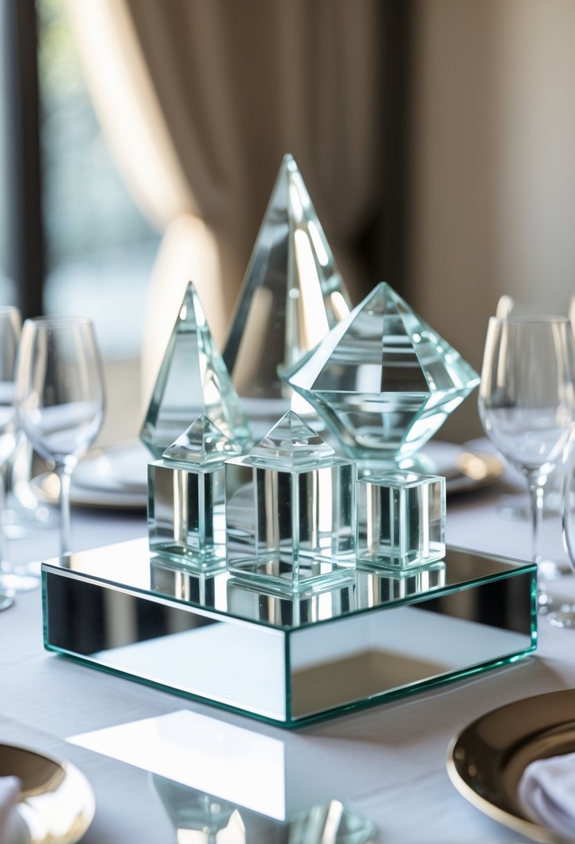 A wedding table with a square mirror base displaying various geometric glass sculptures as décor, without any flowers.
