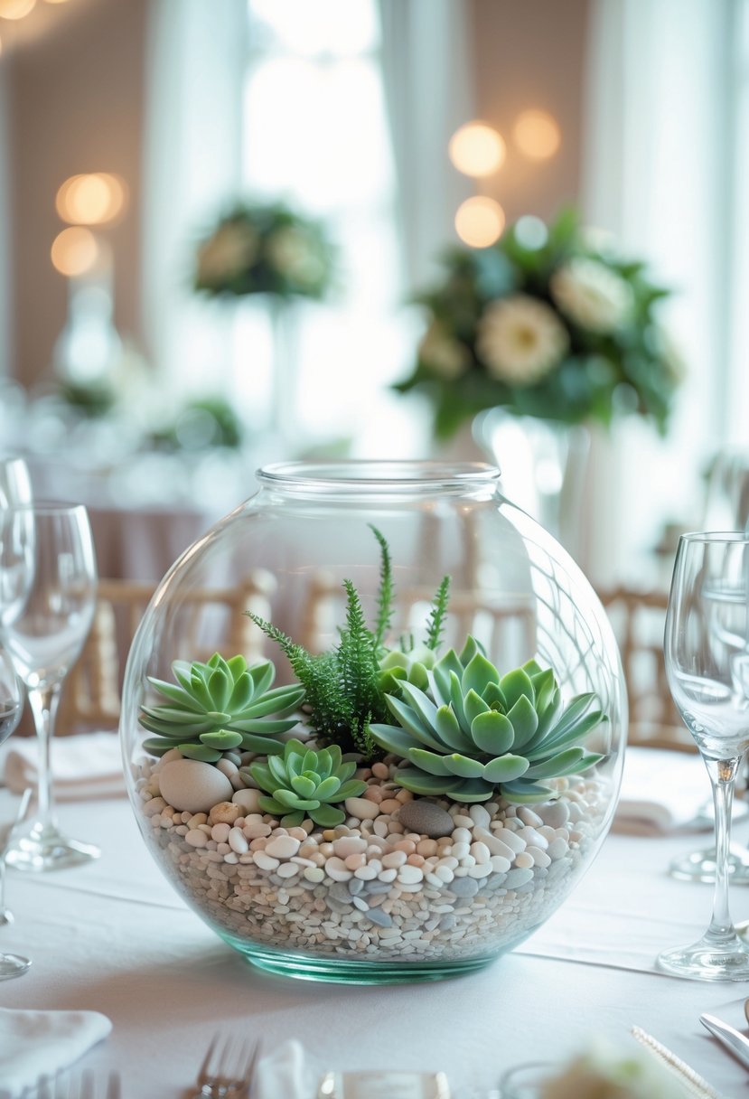 Glass terrarium filled with pebbles and green succulents on a wedding table with mirrors and glass decorations.