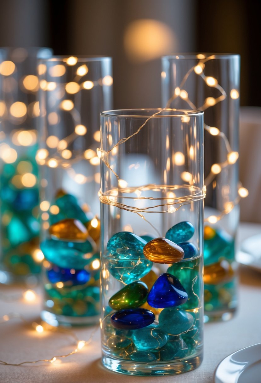 Crystal vases filled with colored stones and wrapped in glowing fairy lights on a wedding table.