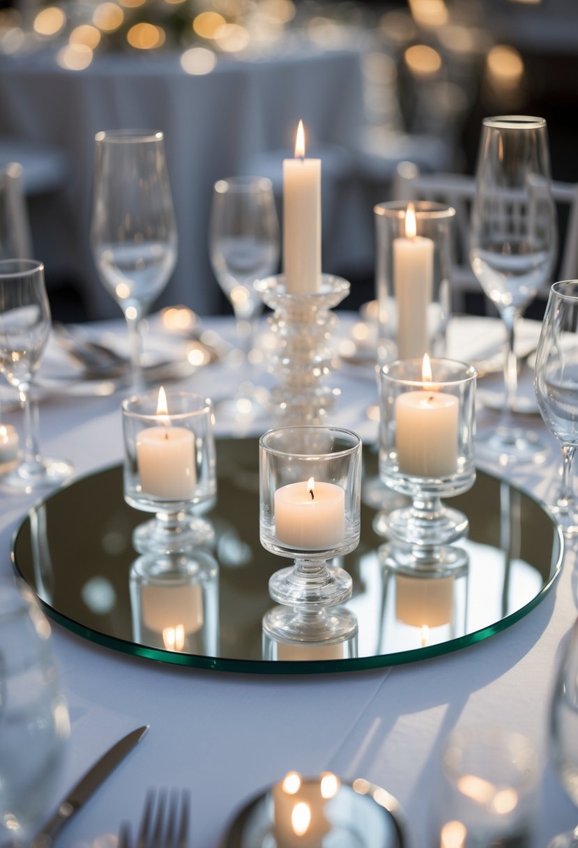 A round mirror on a wedding table with crystal candle holders and glass accents arranged around it.
