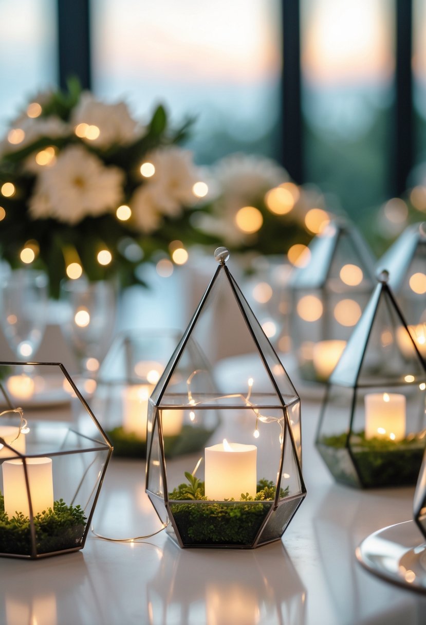 Geometric glass terrariums with warm fairy lights glowing inside, arranged on a wedding table.