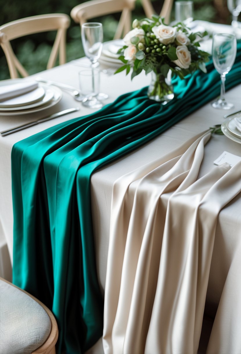 A wedding table set with layered silk fabric runners in jewel tones over neutral linens, featuring plates, glasses, and silverware without any flowers.