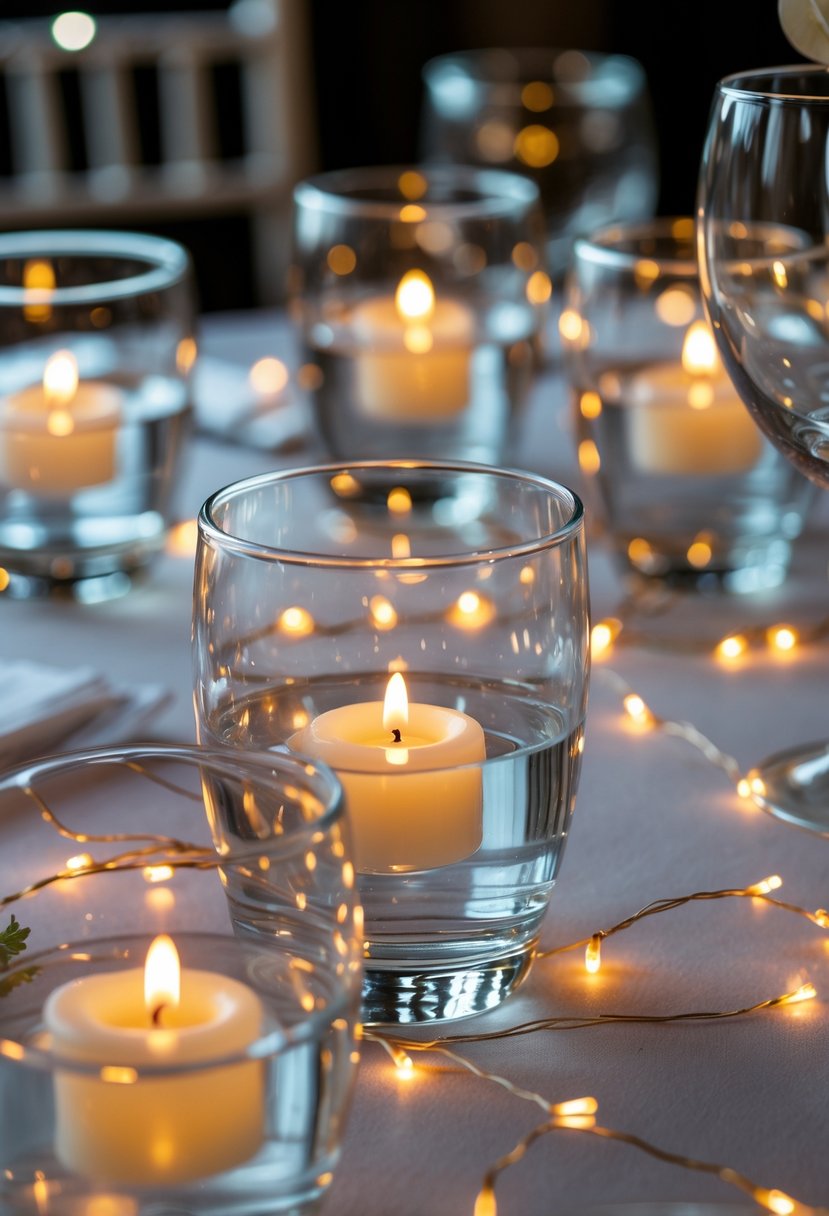 Transparent glass bowls with floating candles and fairy lights arranged on a wedding table.