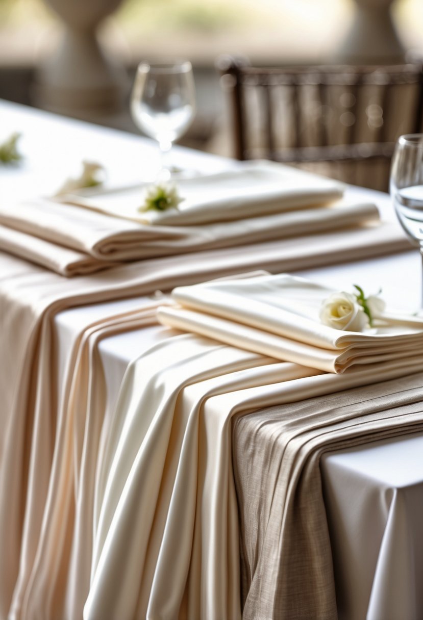 A wedding table decorated with layered fabric runners in matte and satin finishes, without any flowers.