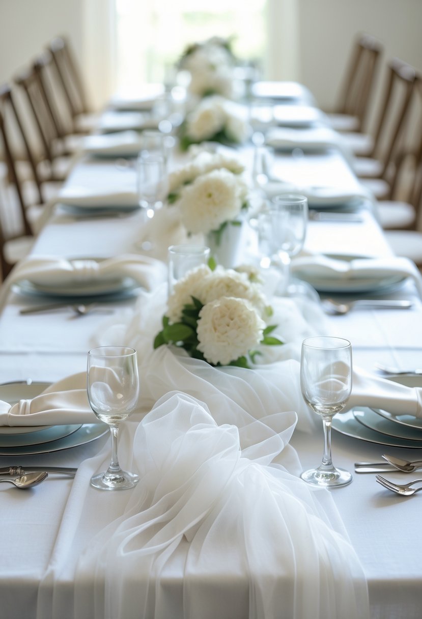 A wedding table set with layered soft tulle and cotton fabric runners, polished silverware, and glassware, without any flowers.