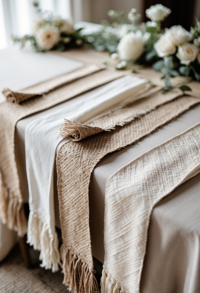 A wedding table decorated with layered handwoven fabric runners with fringed edges, without any flowers.