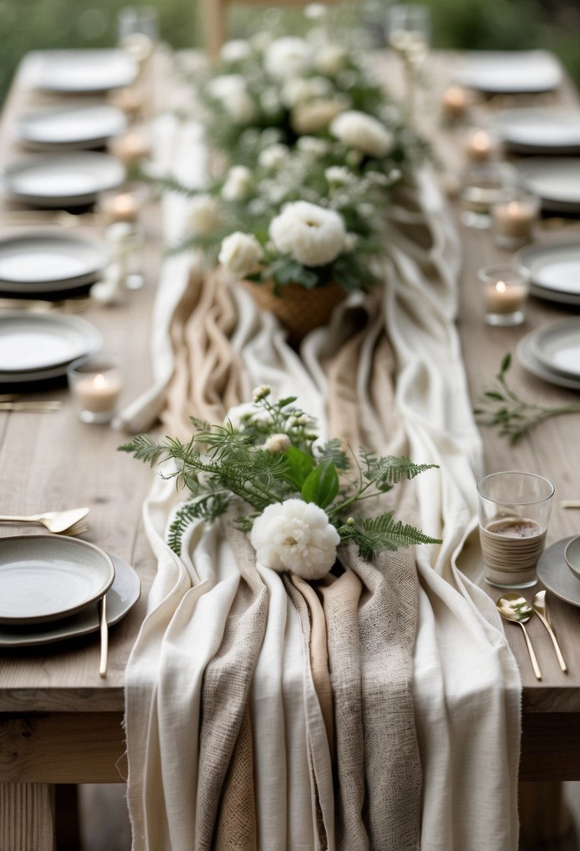 A wedding table decorated with layered fabric runners made of natural fibers, set with plates and glassware, without any flowers.