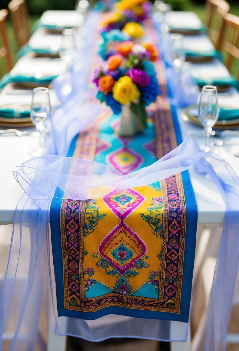 A wedding table decorated with colorful printed ikat fabric runners layered with sheer overlays, without any flowers.