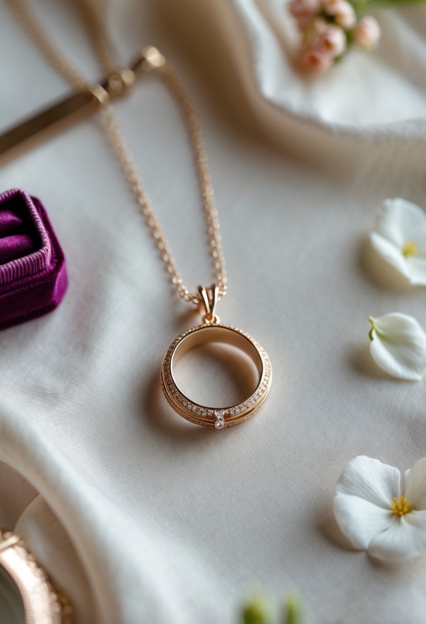 A delicate pendant necklace made from an old wedding ring displayed on soft fabric with jeweler's tools and flower petals nearby.