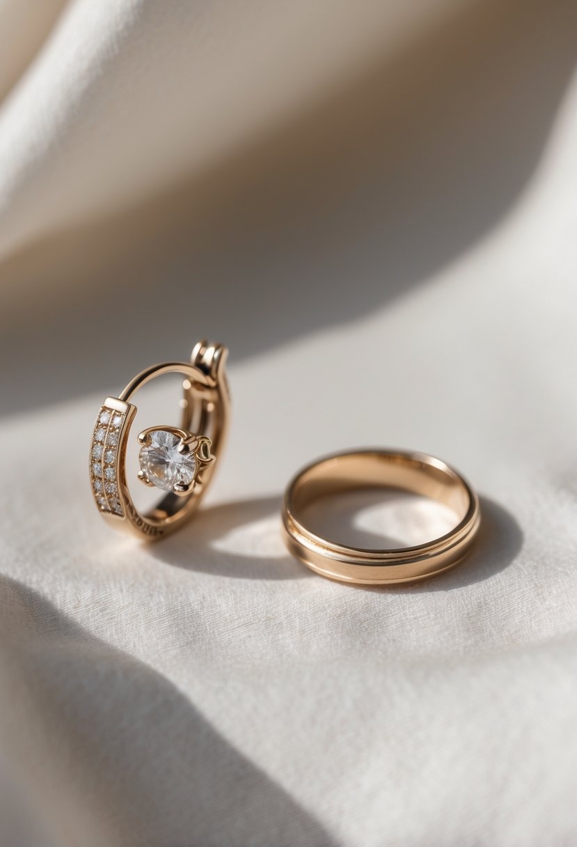 Close-up of a vintage wedding ring next to matching earrings made from the same metal, displayed on a soft fabric surface.