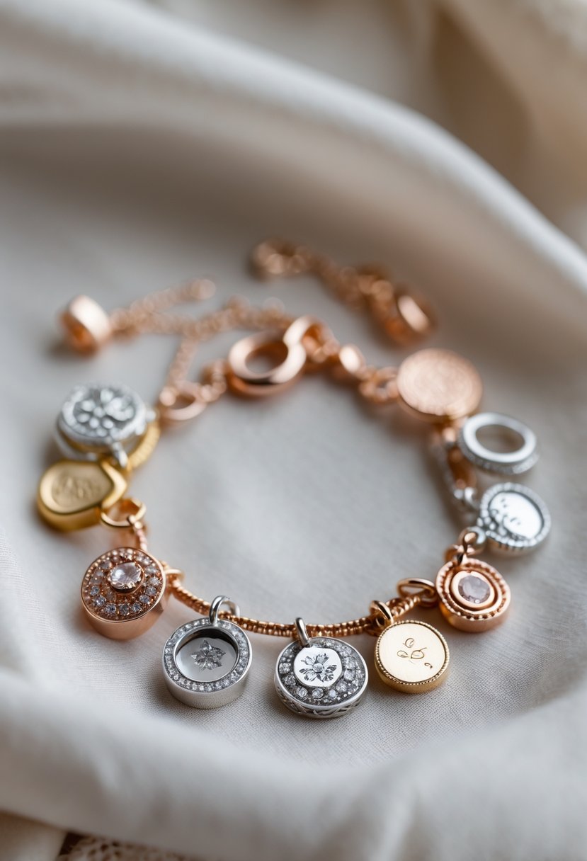 Close-up of a charm bracelet made from old wedding rings arranged on soft fabric.