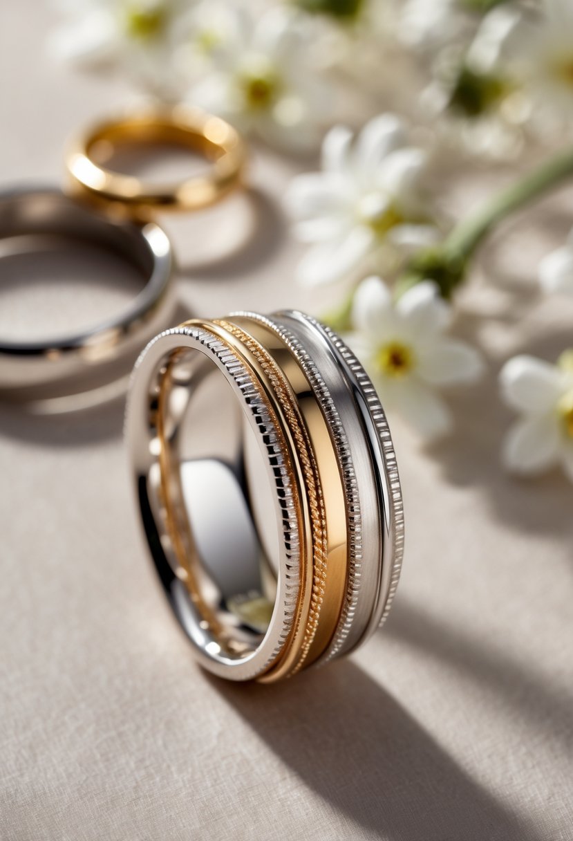 A close-up of a bi-metal ring made from old wedding rings resting on a smooth surface with old rings and flowers blurred in the background.