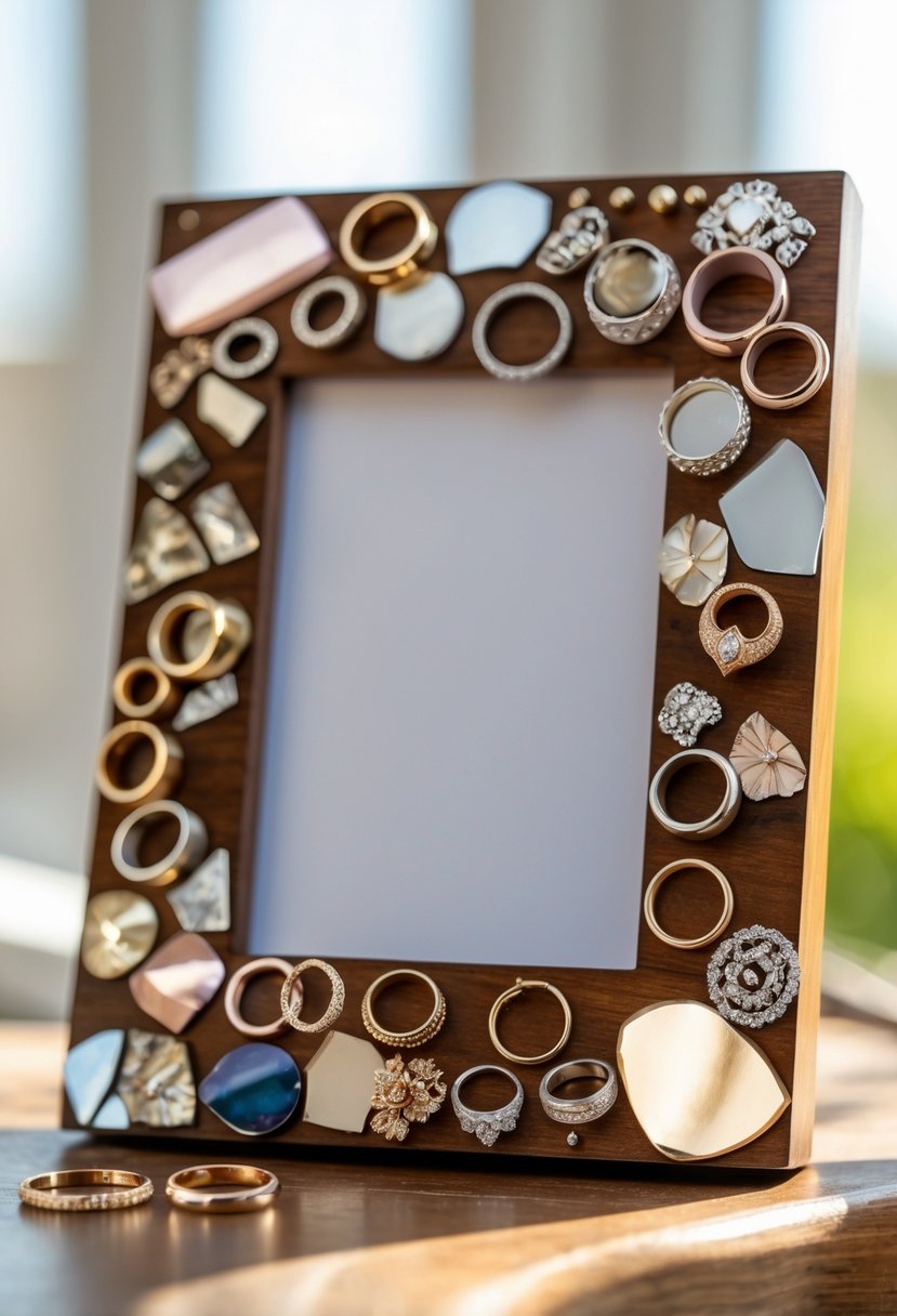 A photo frame decorated with pieces of old wedding rings arranged around its edges.