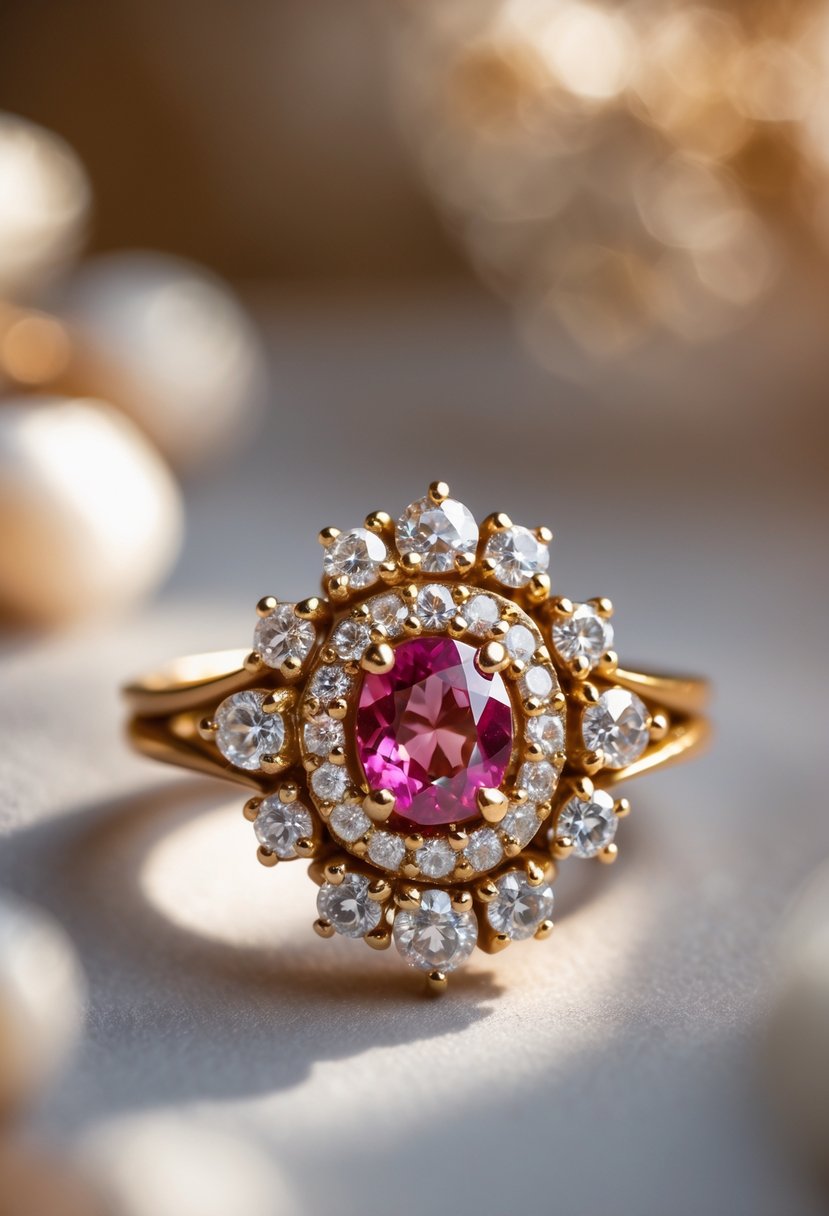 Close-up of a birthstone ring with old diamonds on a smooth surface.