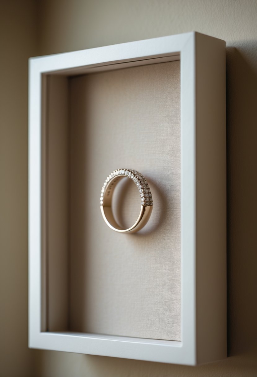 A shadow box frame on a wall displaying an original wedding ring as wall art.