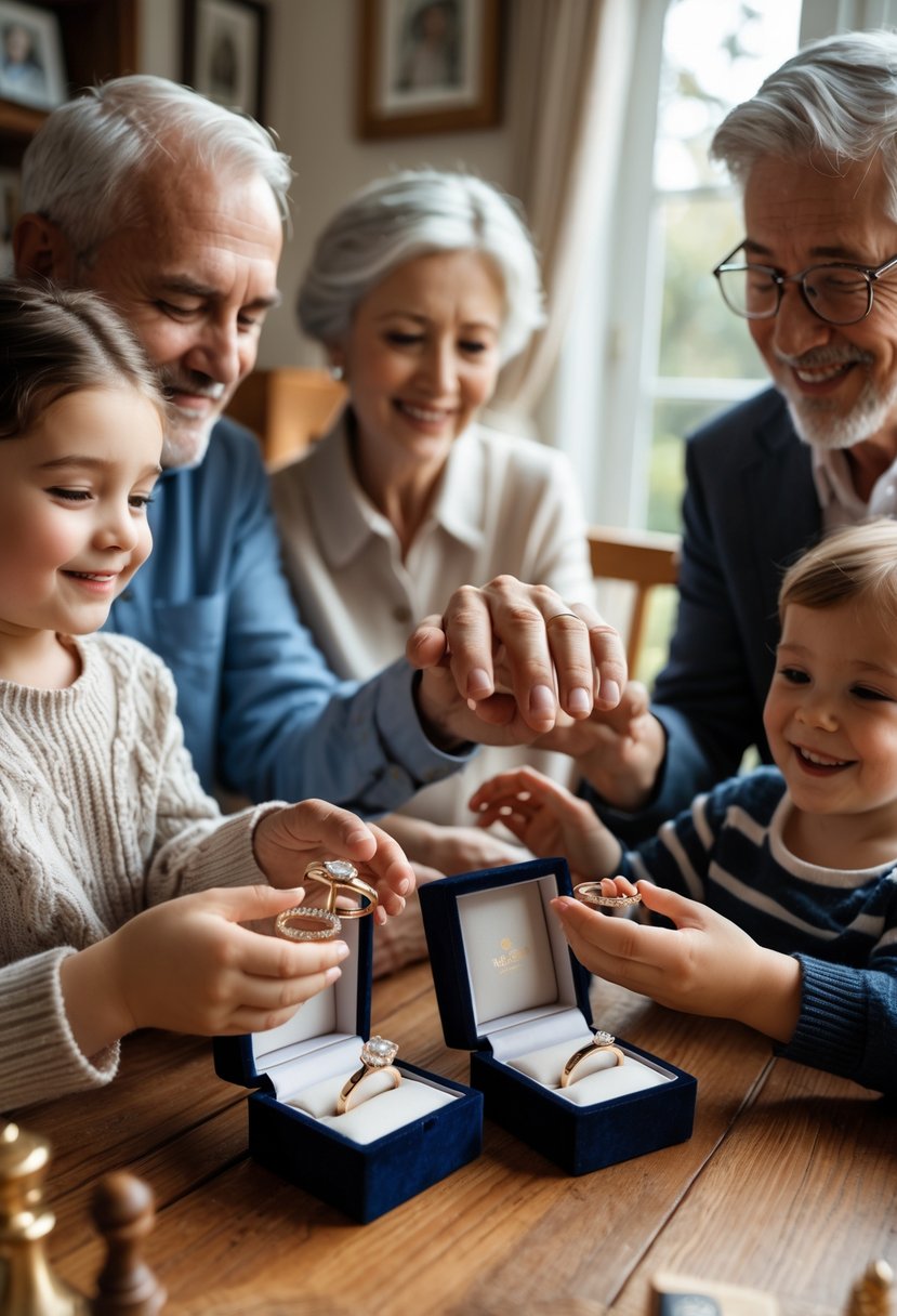 An elderly couple giving redesigned rings to two children at a wooden table, surrounded by family in a cozy room.