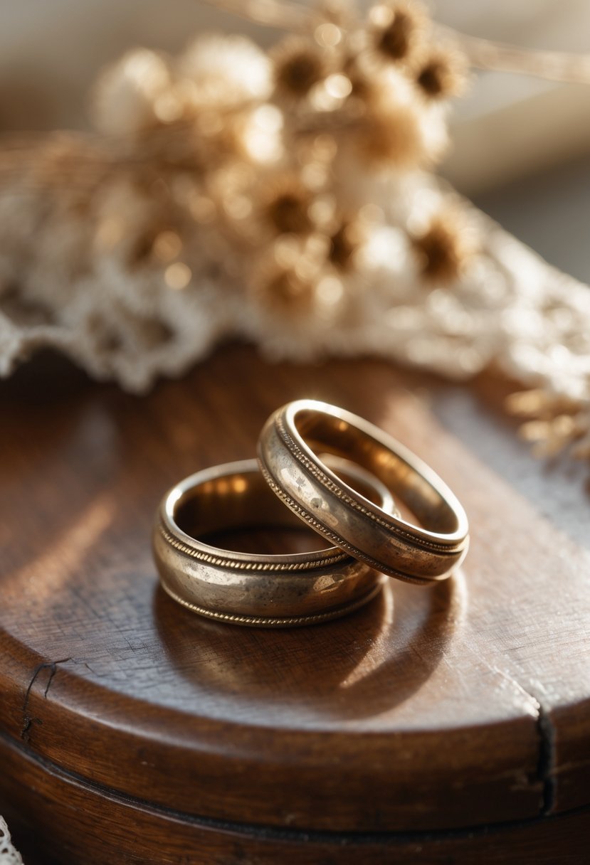 Close-up of a pair of old wedding rings resting on a wooden surface with soft lighting and delicate background elements.