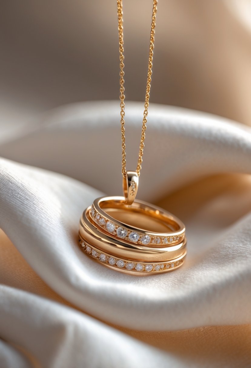 Close-up of a delicate pendant necklace made from repurposed old wedding rings on a fine gold chain resting on a light surface.