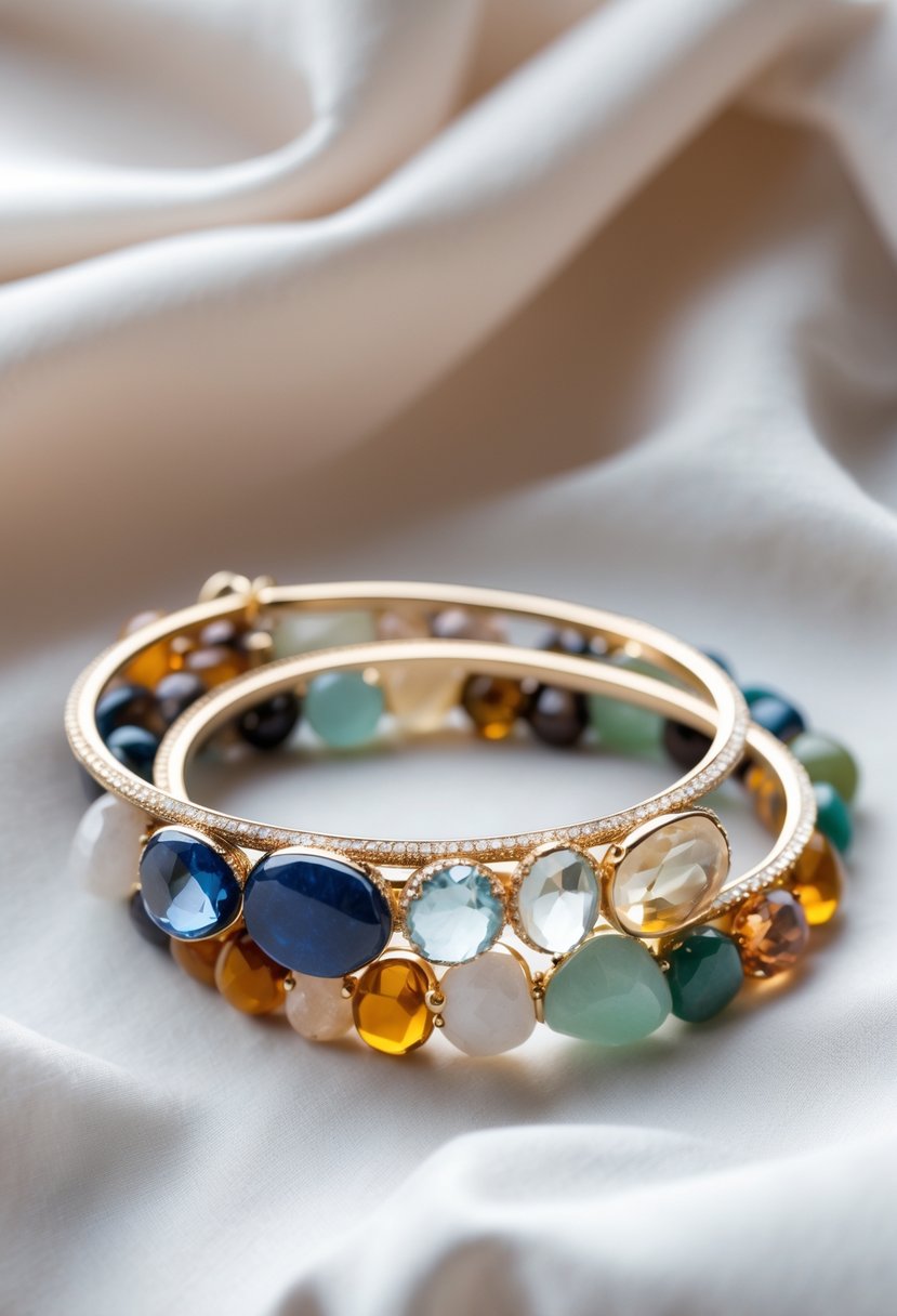 Close-up of two matching gemstone bracelets placed on a soft fabric background.